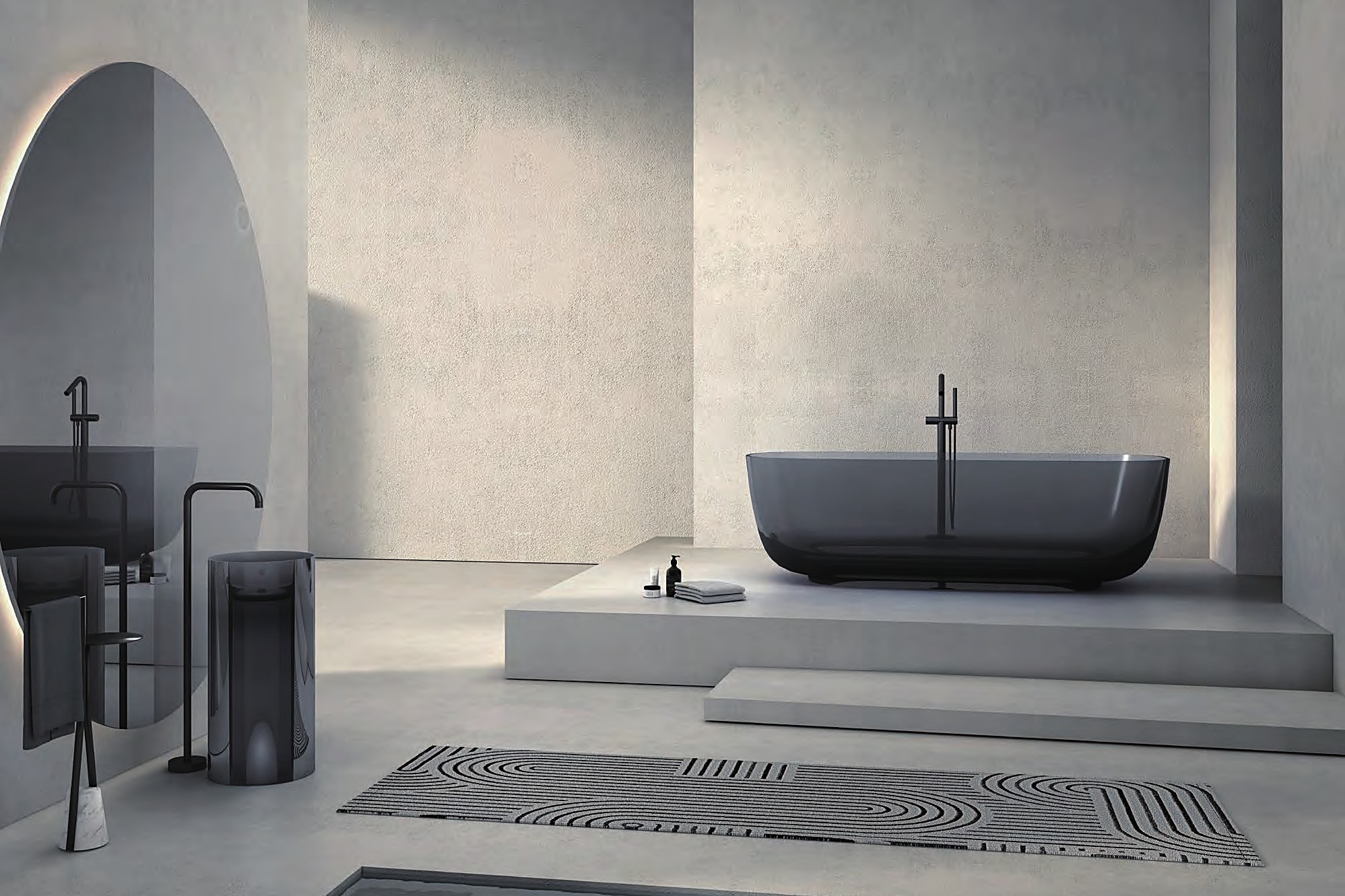 Smoked grey transparent bathtub and pedestal basin