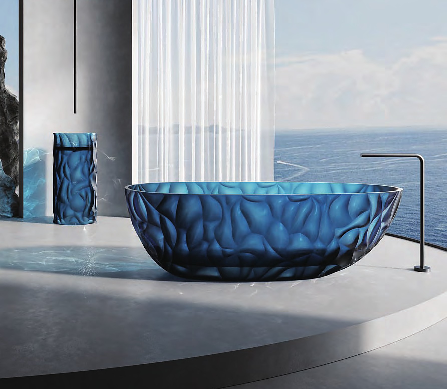 Sky blue RÖSCH freestanding bathtub by a sea-view window